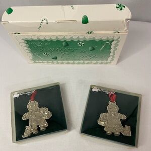 Longaberger Retired Set of 2 Pewter Gingerbread Ornaments Tie-ons Roger & Ginger